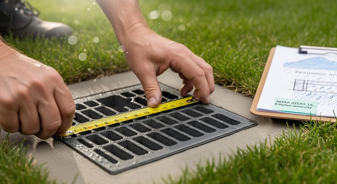 Catch basin calculator in action measuring grate open area on installed yard drainage basin