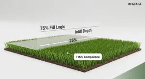 Artificial Grass Infill Calculator diagram showing 75% fill depth and traffic compaction logic.