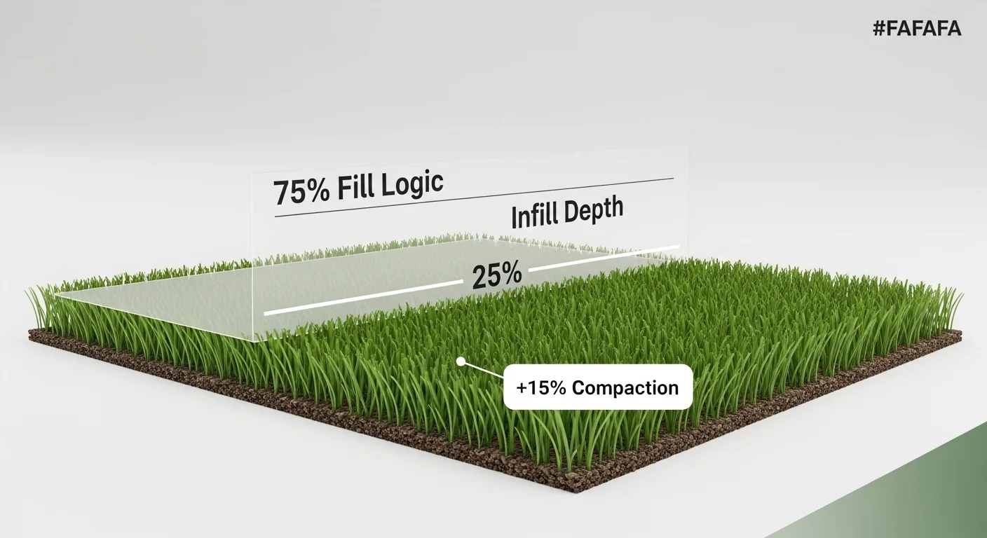 Artificial Grass Infill Calculator diagram showing 75% fill depth and traffic compaction logic.