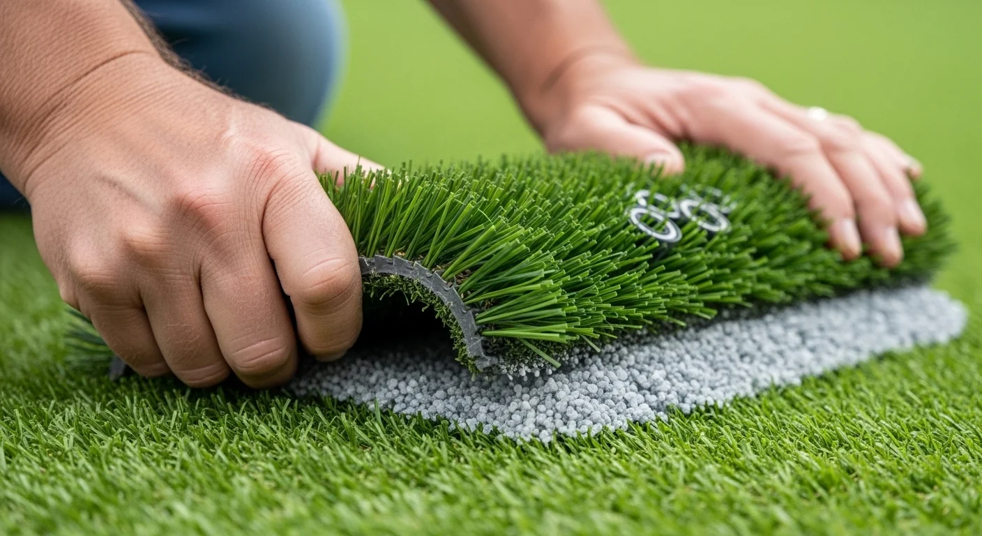 Hand using a power broom after using an Artificial Grass Infill Calculator.