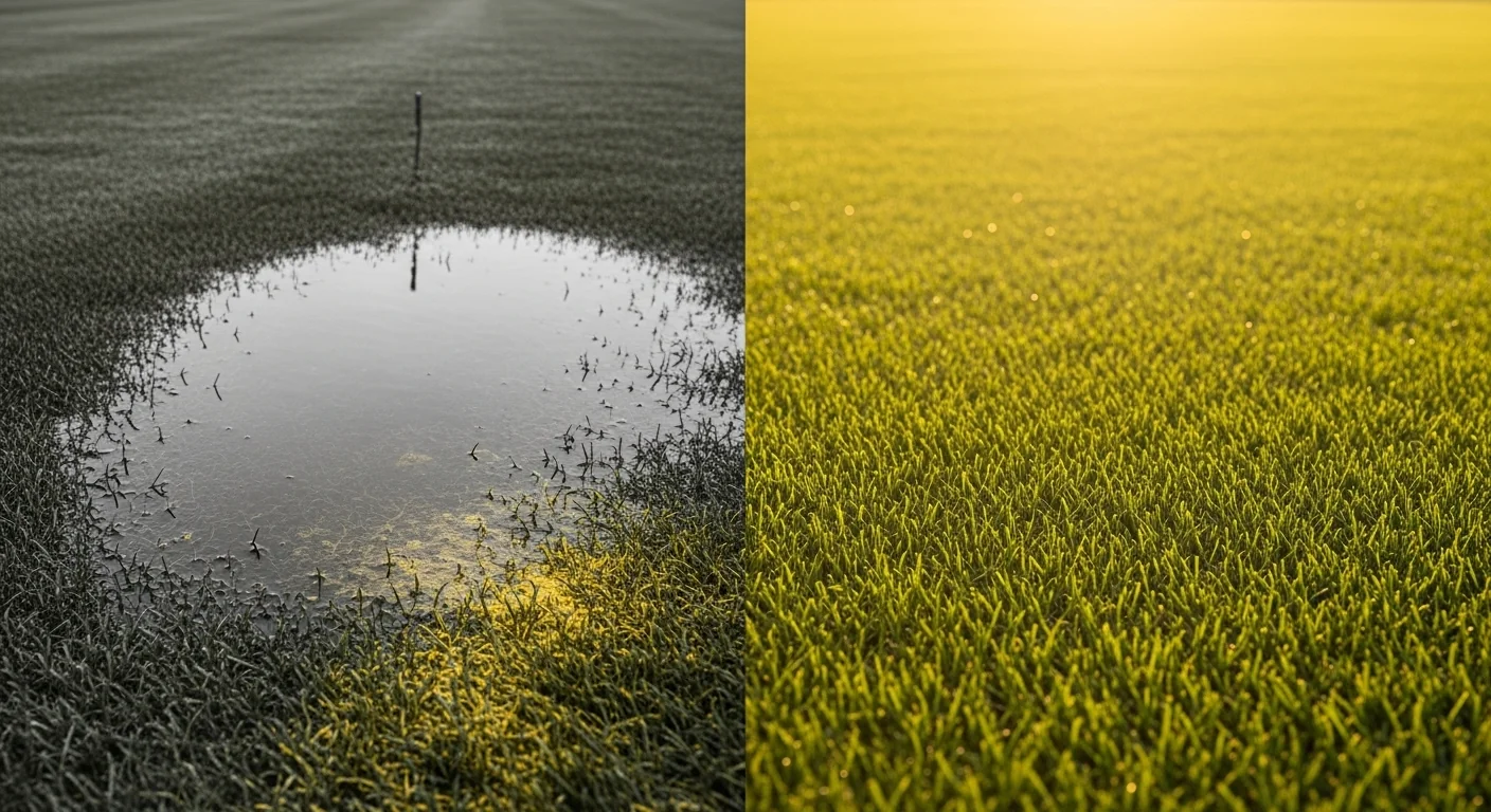 Comparison of standing water puddles versus dry lawn using the Artificial Turf Drainage Calculator.