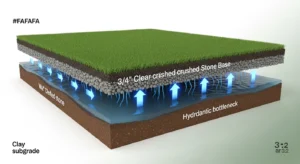 Technical cross-section showing sub-base layers and the Artificial Turf Drainage Calculator bottleneck logic.
