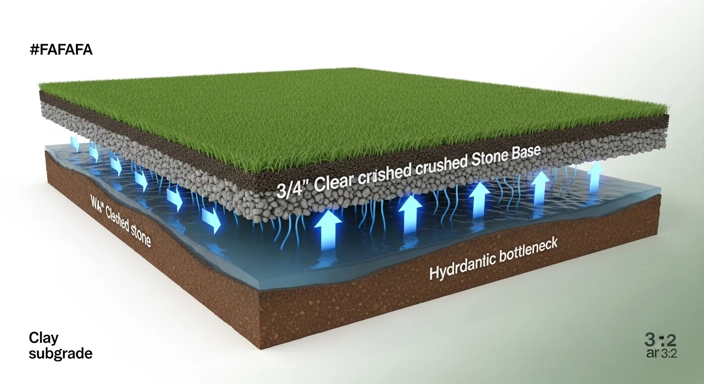 Technical cross-section showing sub-base layers and the Artificial Turf Drainage Calculator bottleneck logic.