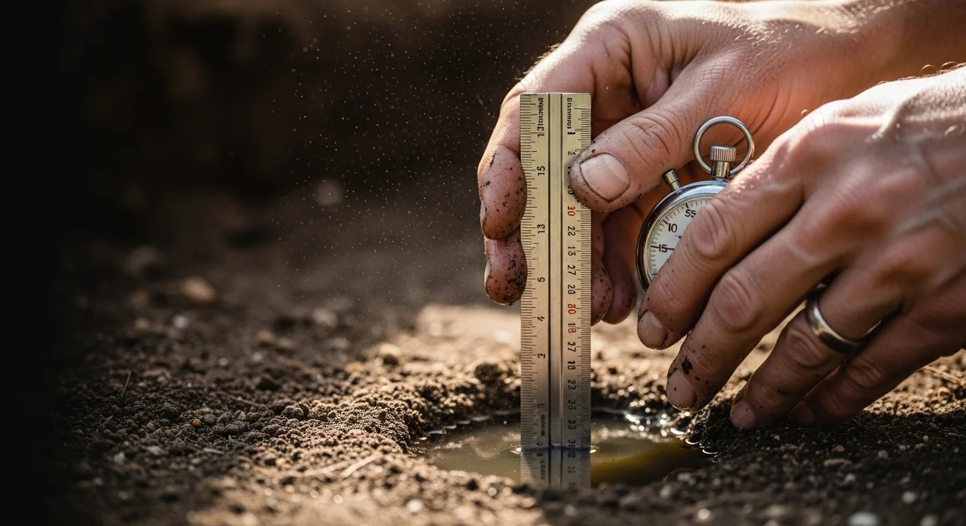 Hands performing a soil percolation test to input data into the Artificial Turf Drainage Calculator.