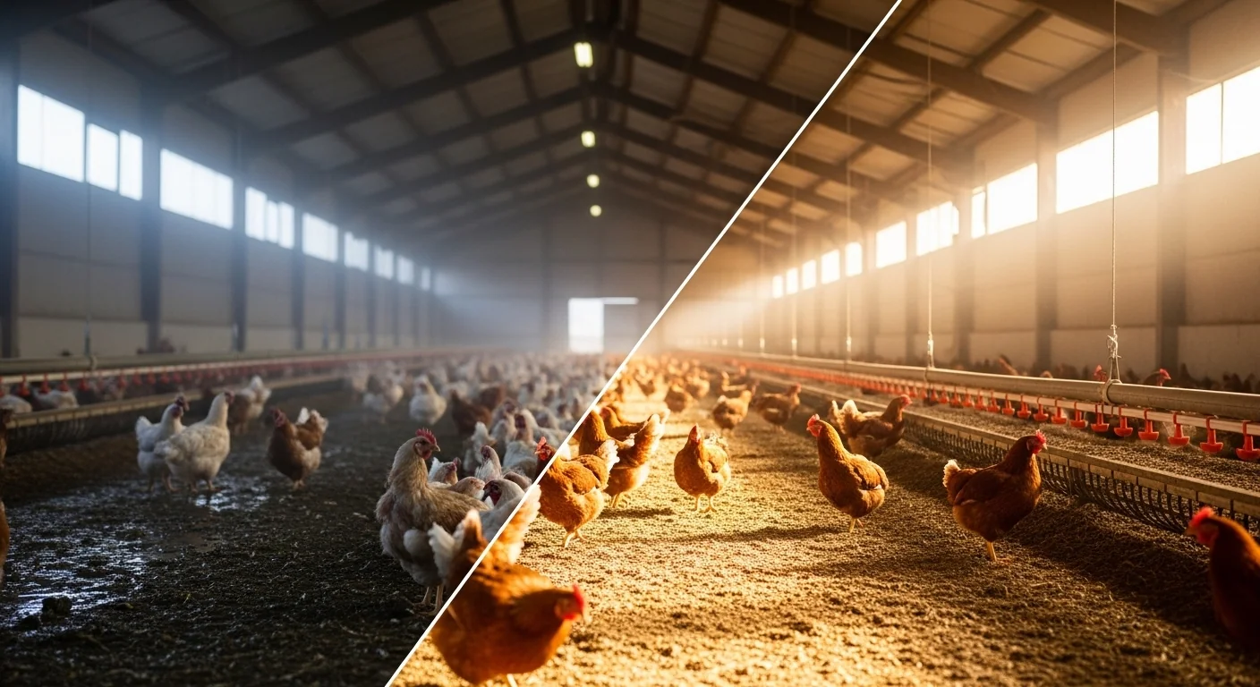 Barn ventilation CFM calculator showing ammonia danger versus safe healthy barn conditions