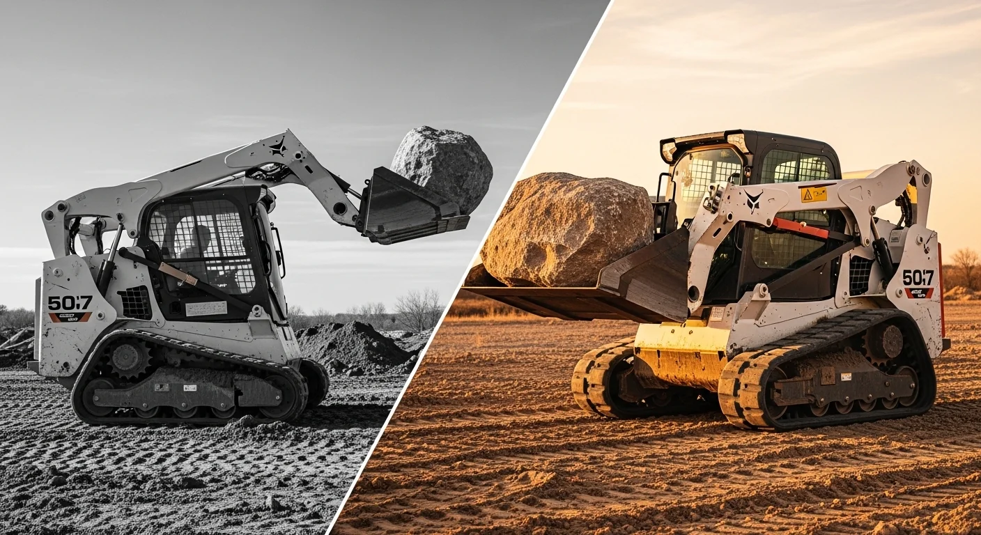 Split screen showing a dangerous skid steer tip-over vs a safe Boulder Weight Calculator lift.