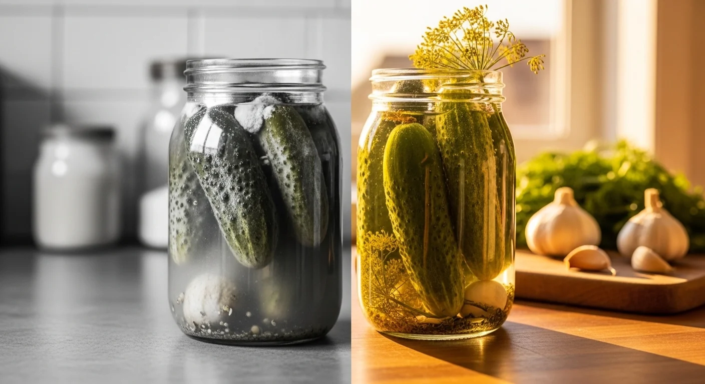 Pickling brine calculator showing failed spoiled brine versus successful crisp fermented pickles