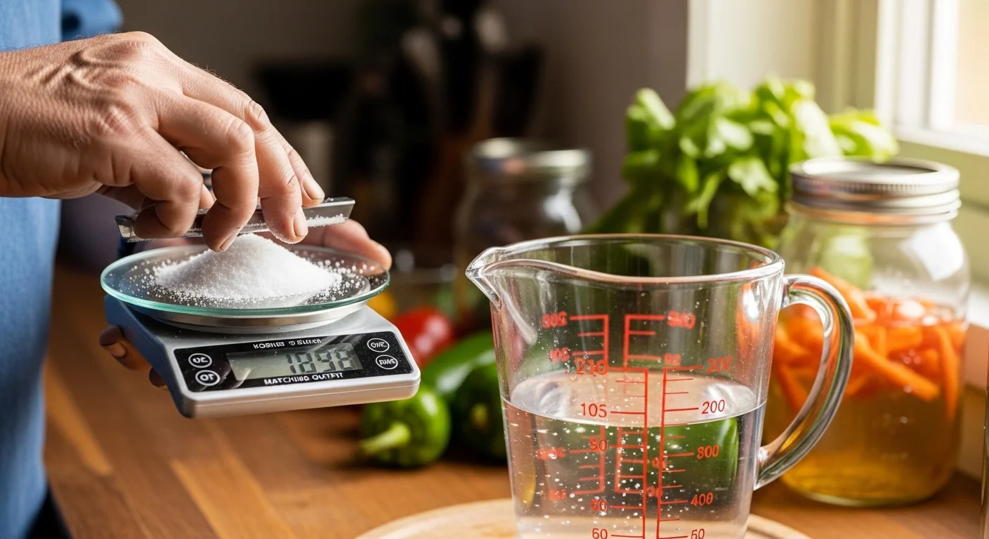 Pickling brine calculator in action as hands weigh exact salt grams before dissolving in water