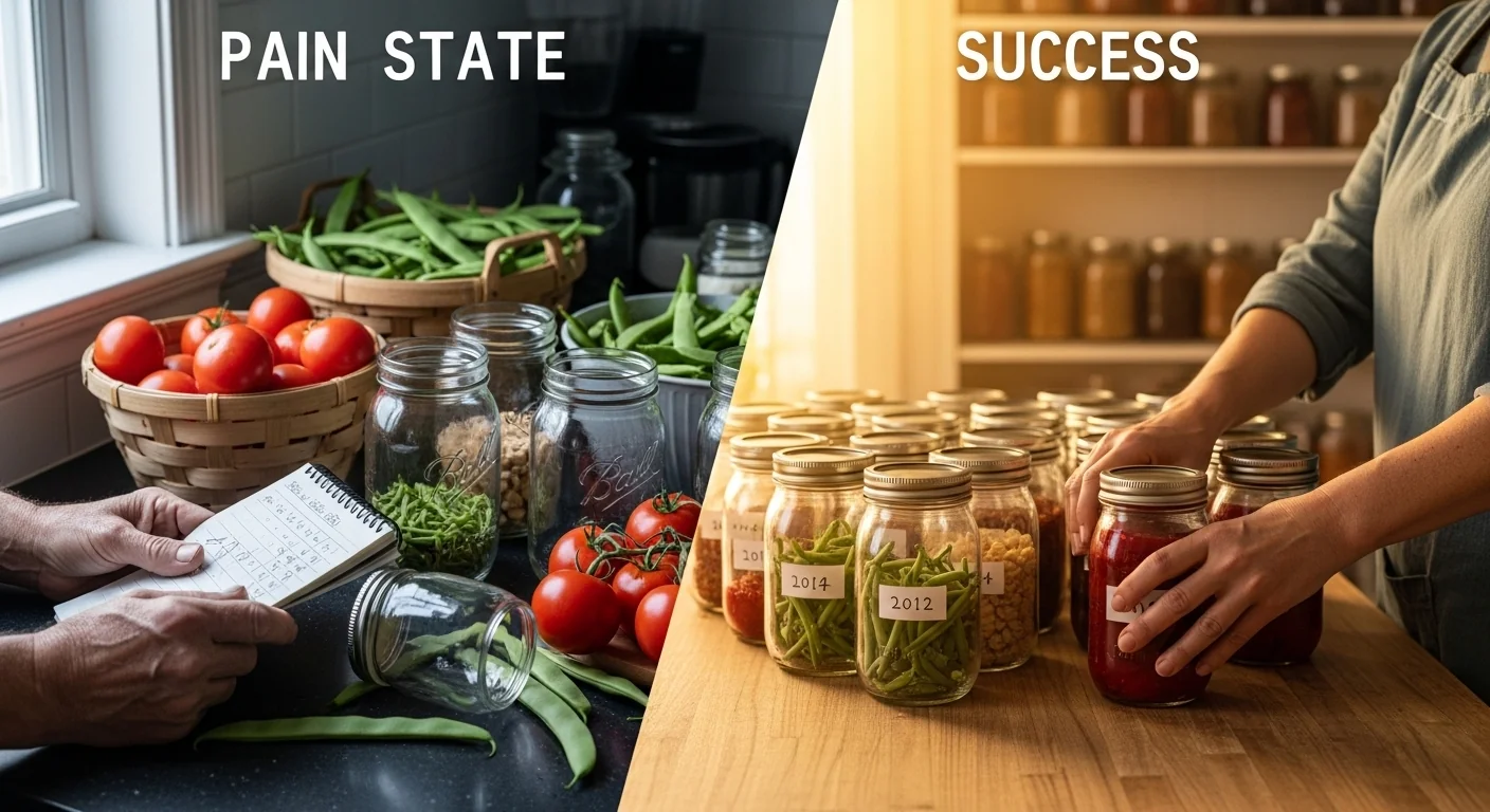 Canning yield calculator showing messy unprepared produce versus neatly filled mason jars