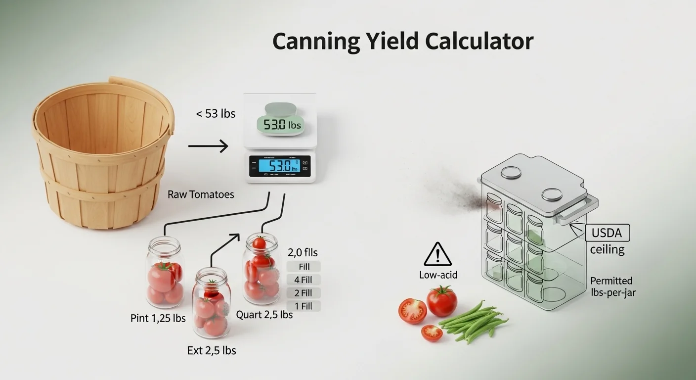 Canning yield calculator logic showing bushel to pounds conversion, USDA lbs-per-jar rates, and 7-jar batch division