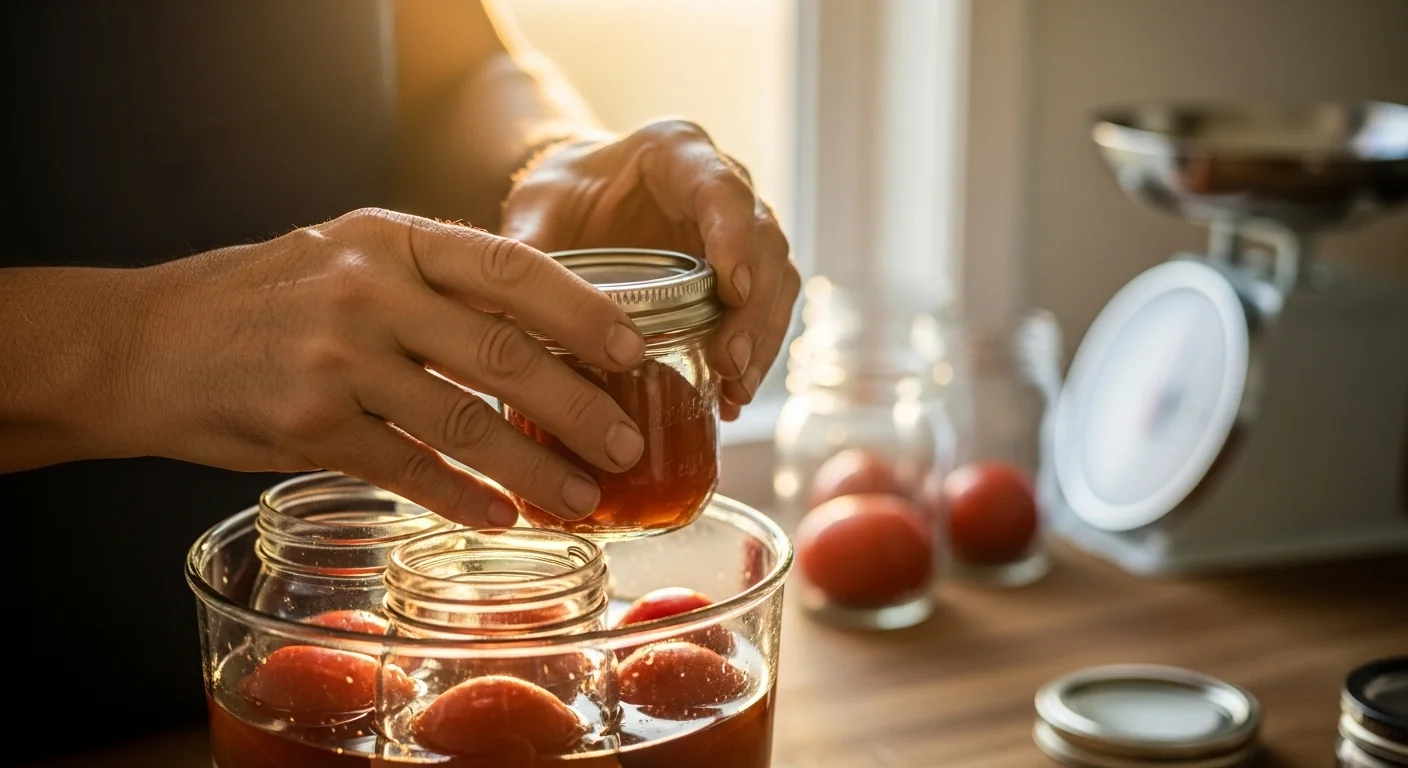Canning yield calculator in action as hands load precisely calculated jars into a water bath canner
