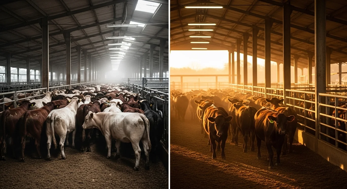 Overcrowded vs calm cattle in sweep tub showing safe fill difference