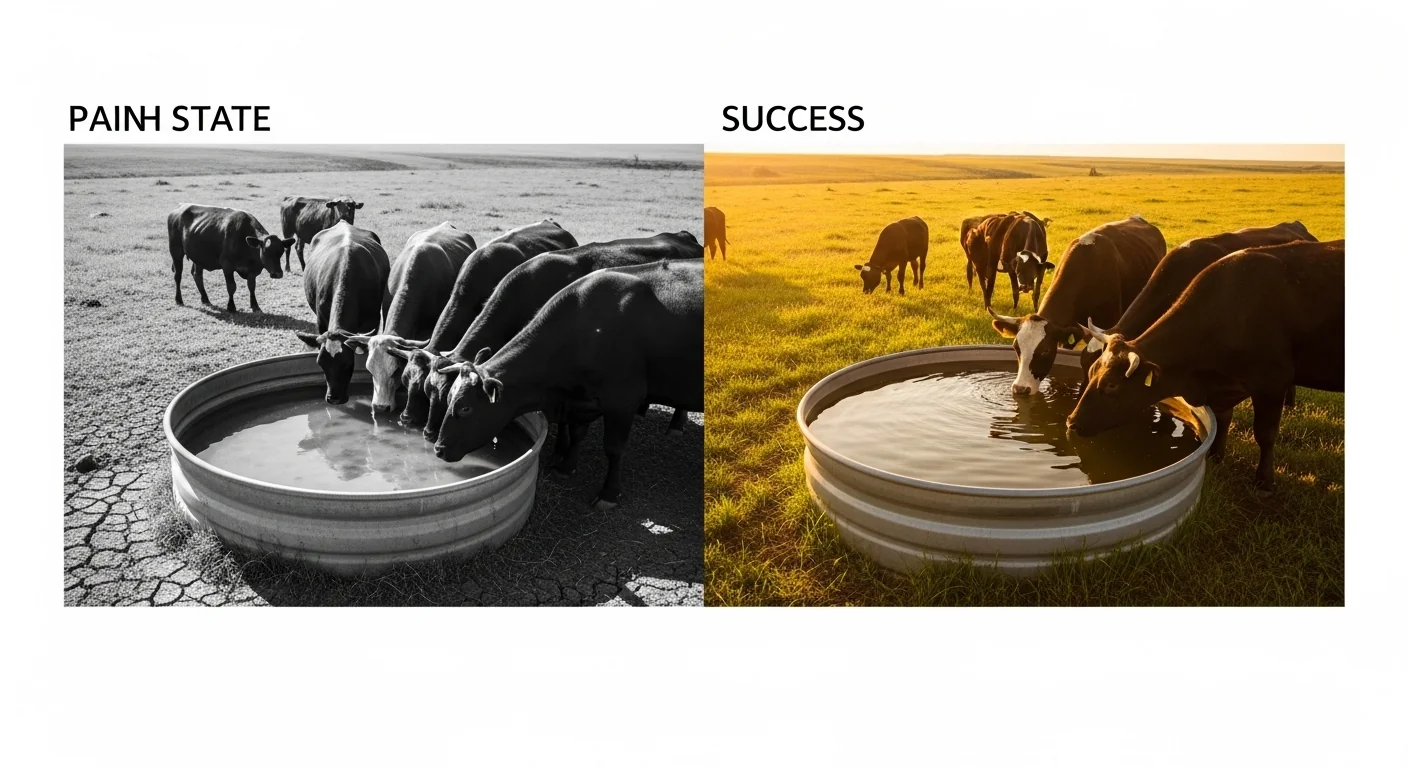 Livestock water requirement calculator showing heat-stressed cows at empty tank versus calm herd at full trough