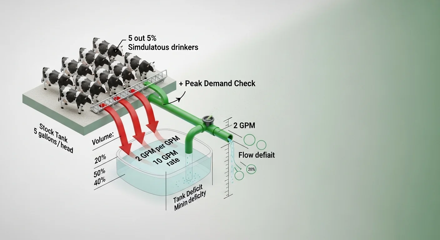 Livestock water requirement calculator diagram explaining peak GPM demand and minimum tank capacity check