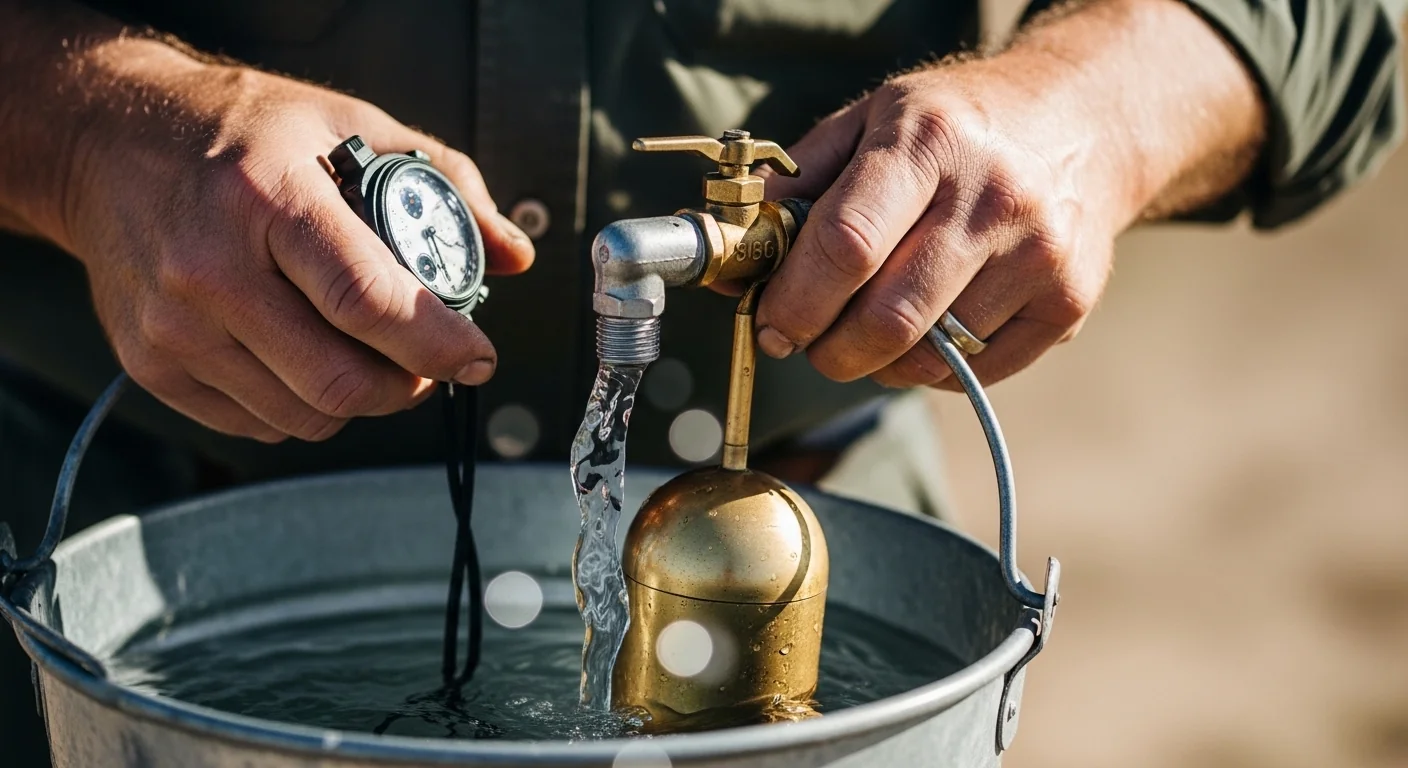 Livestock water requirement calculator showing rancher measuring actual float valve GPM with bucket test