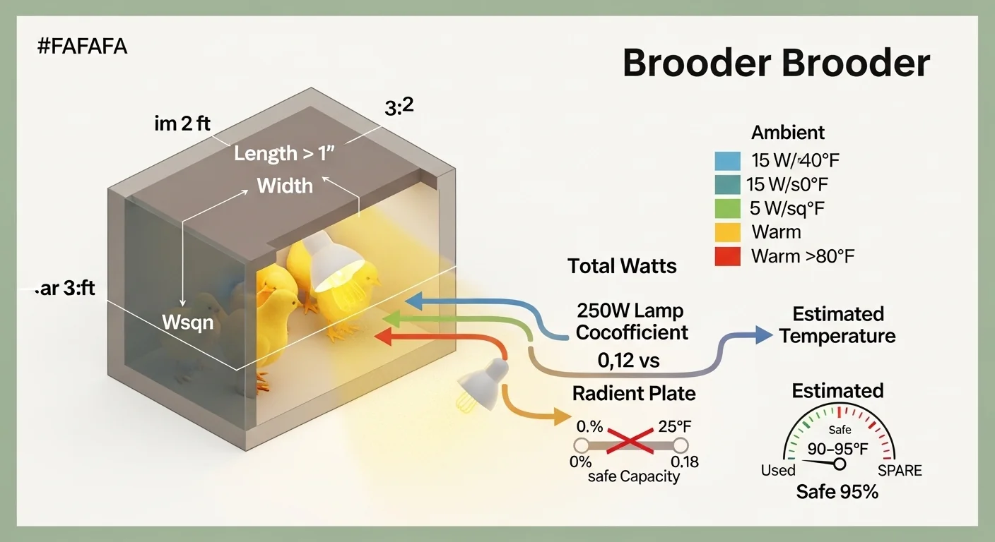 Isometric diagram showing brooder area, ambient multiplier, and wattage to temperature rise calculation