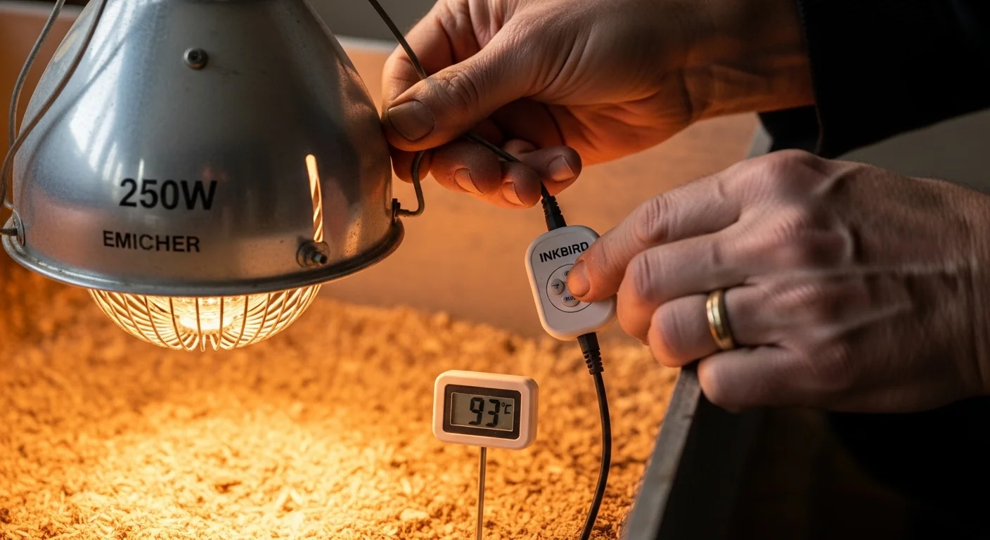 Gardener's hands installing heat lamp and thermostat in chick brooder with thermometer at chick level
