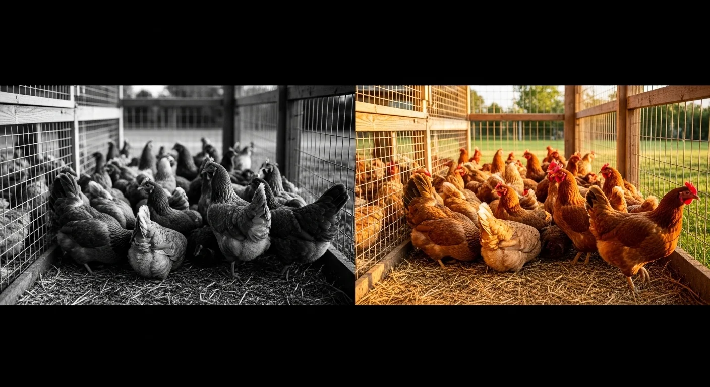 Overcrowded stressed chickens versus comfortable spacious flock in proper chicken coop size calculator setup