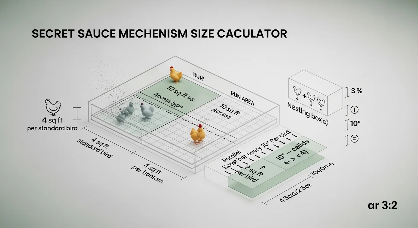 Isometric diagram visualizing chicken coop size calculator formulas for breed space, run area, roost, and nesting boxes