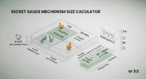 Isometric diagram visualizing chicken coop size calculator formulas for breed space, run area, roost, and nesting boxes