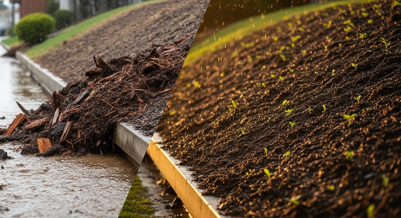 Side-by-side comparison of a washed-out mud slope versus a stable Compost Blanket Erosion Calculator solution.