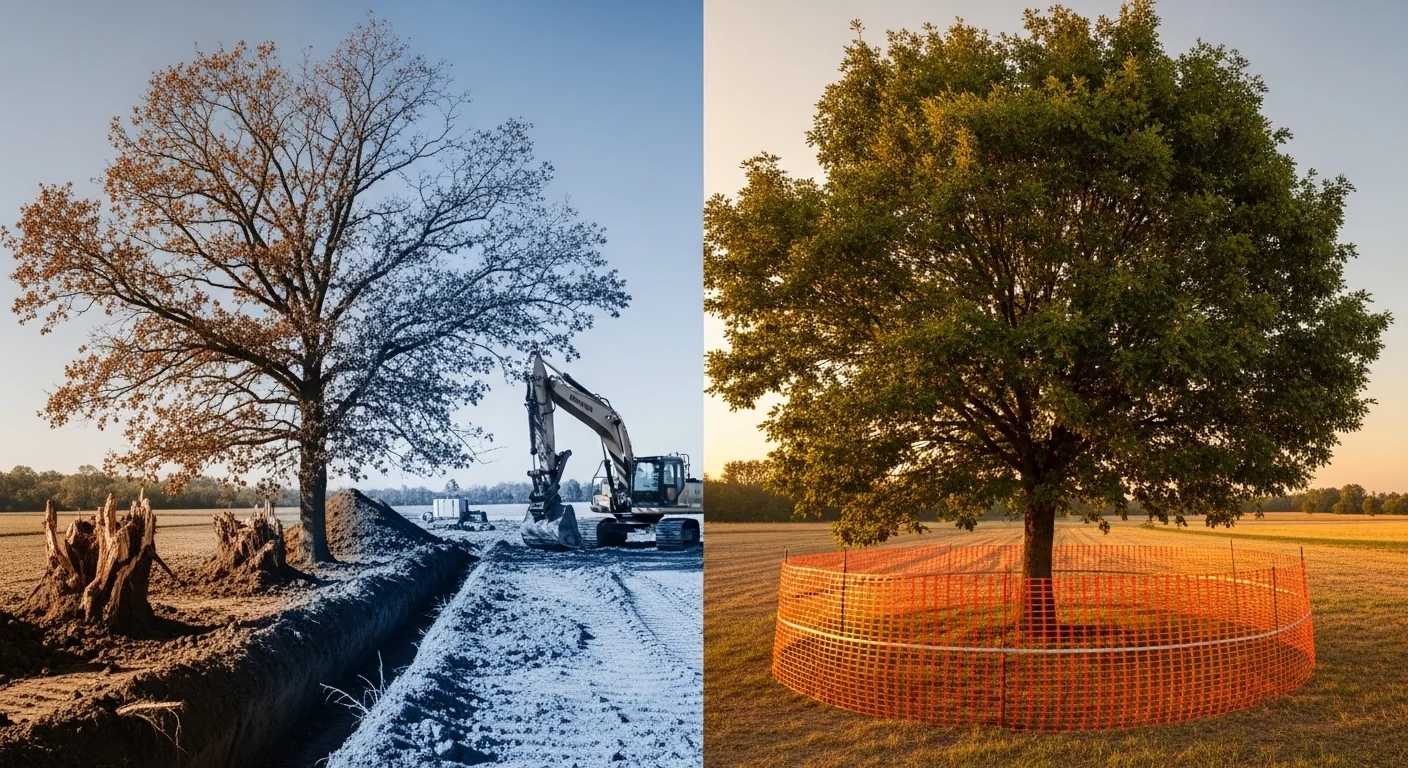 Side-by-side comparison of construction root damage versus a tree protected by a Critical Root Zone Calculator.