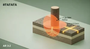 3D diagram showing how the Critical Root Zone Calculator uses DBH multipliers and soil depth.