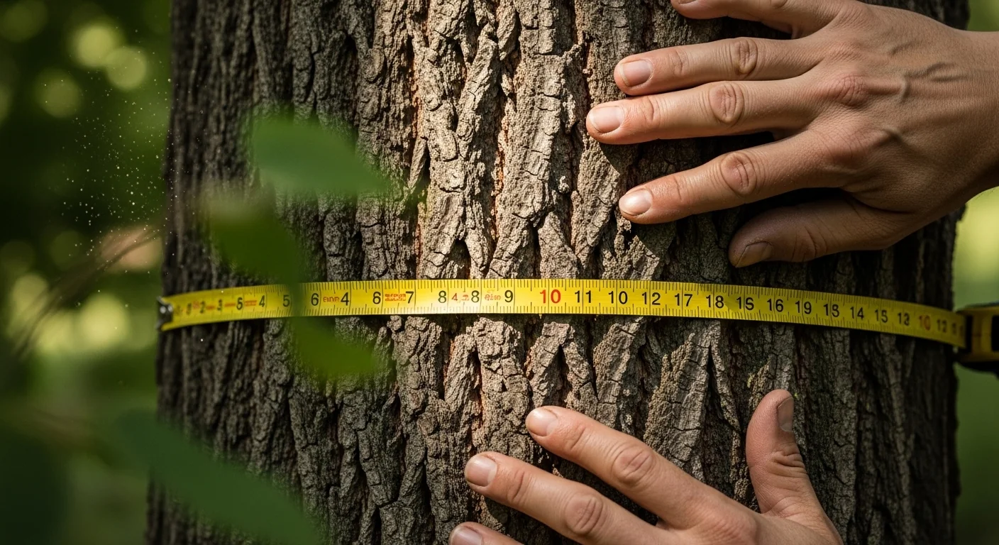 Close-up of measuring tree diameter at breast height for the Critical Root Zone Calculator.