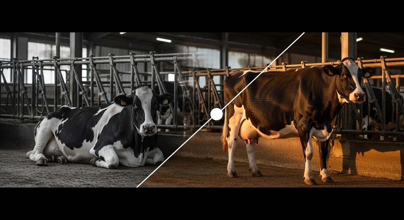 Dairy cow before and after milk fever from calcium deficit