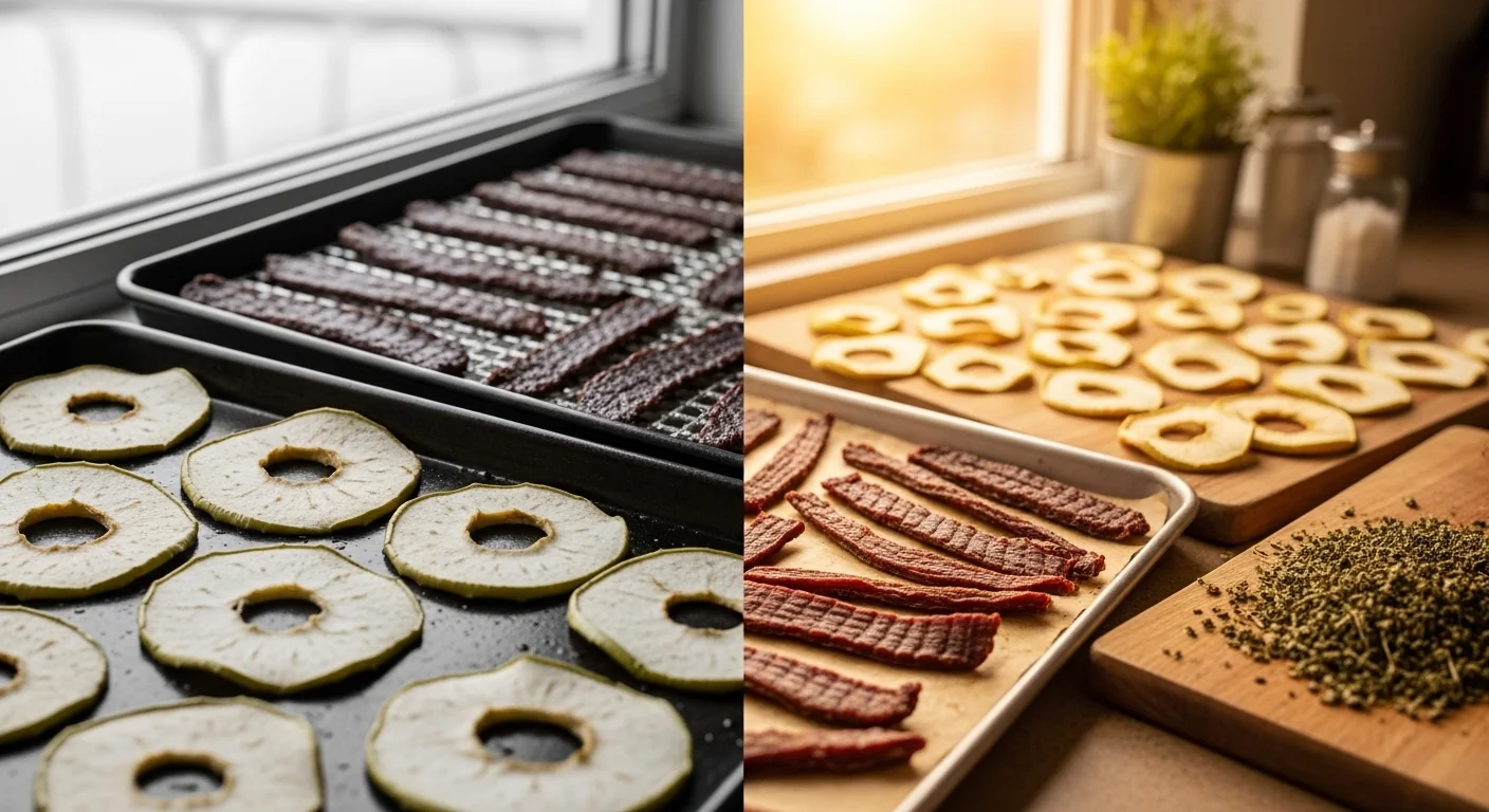Before and after comparison of properly dehydrated versus under-dried food slices showing the impact of accurate time estimation