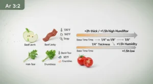 3D diagram visualizing how the dehydrator time estimator adds thickness and humidity modifiers to base drying times