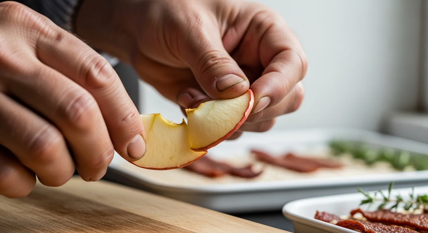 Gardener hands performing the snap test on cooled apple slices after using the dehydrator time estimator