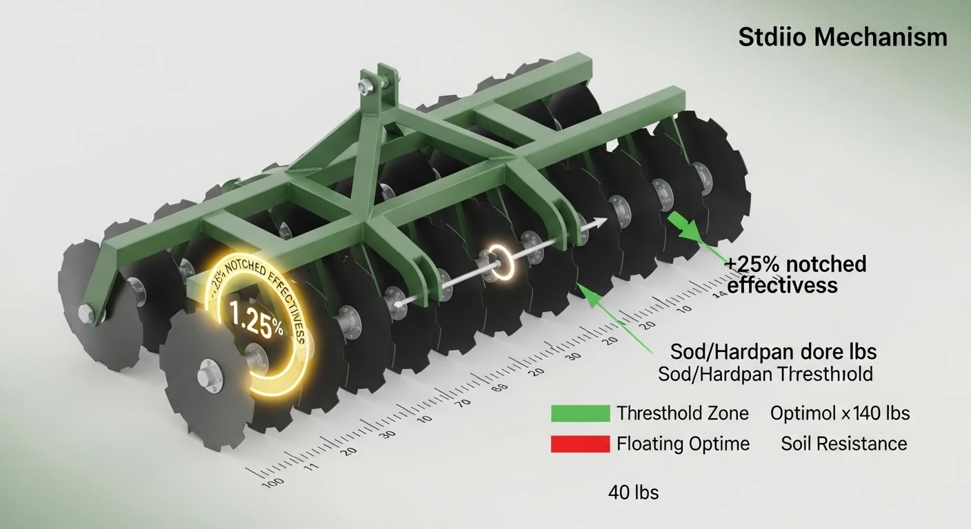 3D diagram explaining disc harrow weight per blade calculation with notched effectiveness factor