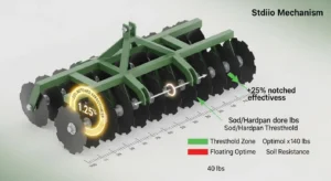 3D diagram explaining disc harrow weight per blade calculation with notched effectiveness factor