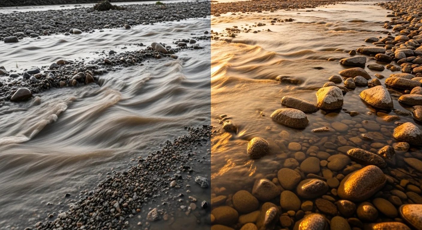 A comparison showing eroded gravel washout versus stable cobbles sized by the Dry Creek Bed Stone Size Calculator.