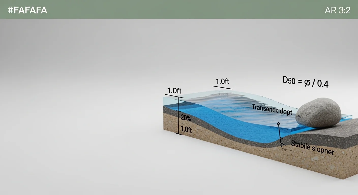 A 3D technical diagram illustrating the tractive force formula used by the Dry Creek Bed Stone Size Calculator.