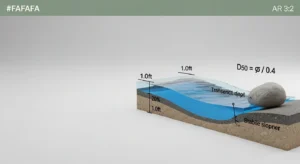 A 3D technical diagram illustrating the tractive force formula used by the Dry Creek Bed Stone Size Calculator.