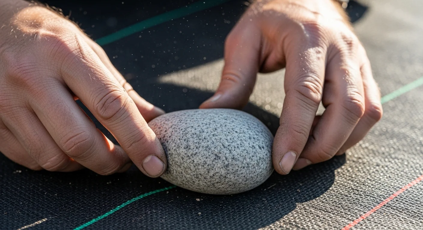 A gardener installing stones on landscape fabric as recommended by the Dry Creek Bed Stone Size Calculator.