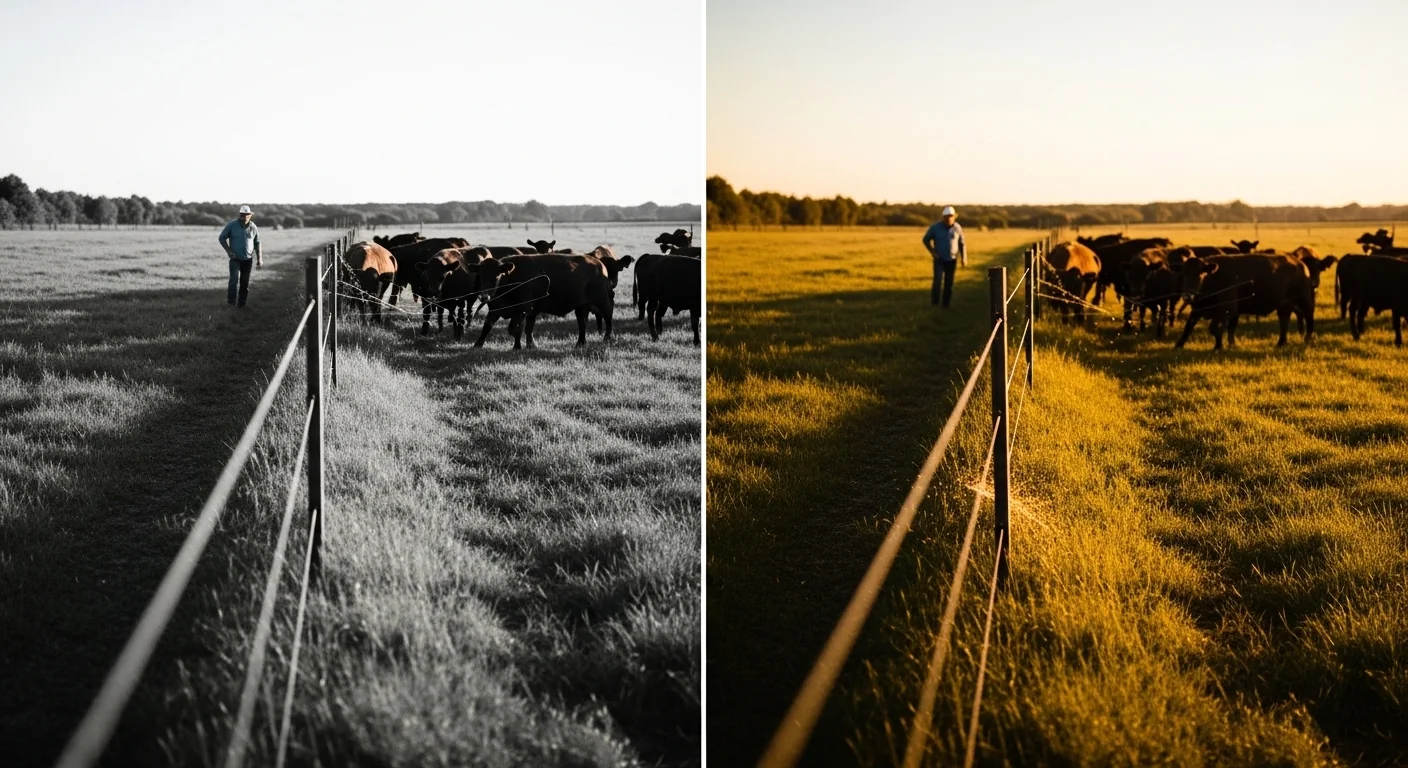 Electric fence voltage drop calculator showing weak vs strong fence performance with livestock