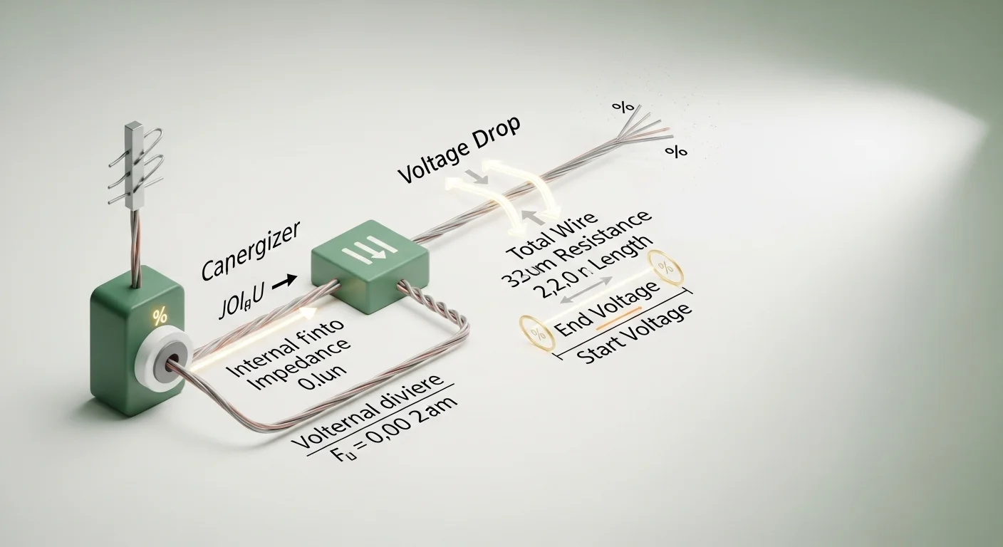 Electric fence voltage drop calculator secret sauce showing internal impedance and wire resistance divider