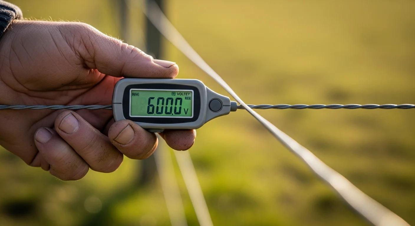 Electric fence voltage drop calculator in use testing actual voltage at the far end of the fence with voltmeter