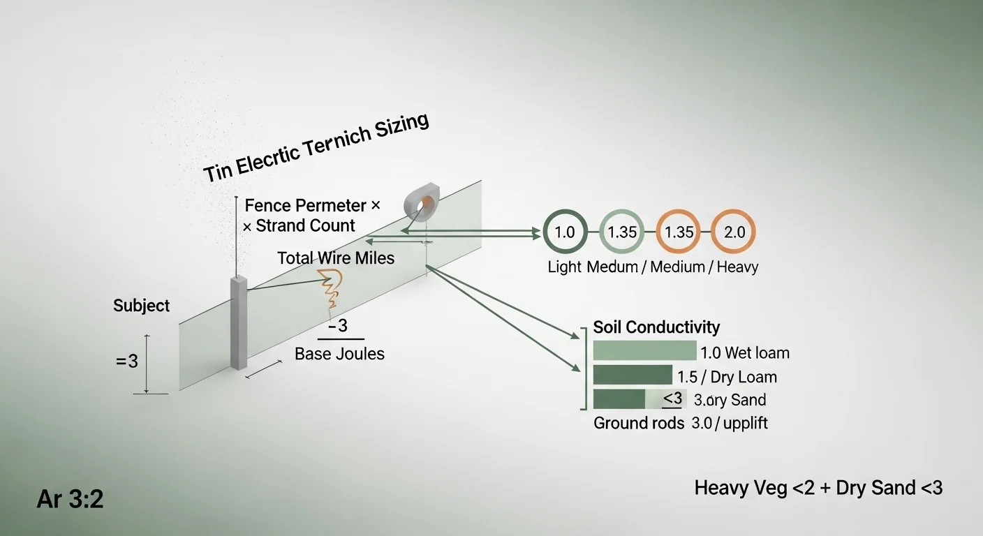 Electric fence joule calculator diagram showing wire miles, vegetation multiplier and soil-based ground rod scaling