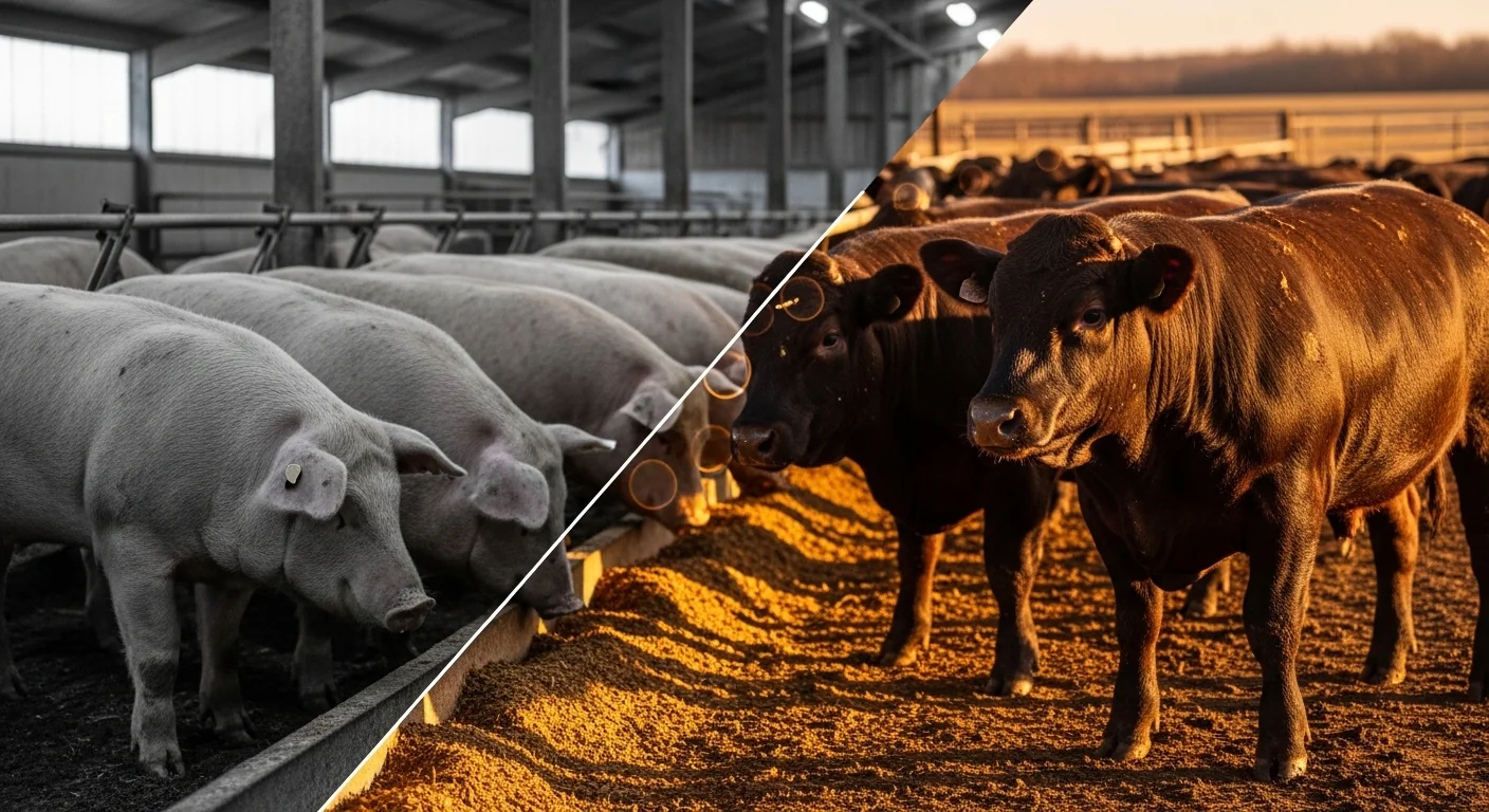 Feed conversion ratio calculator showing cold stress penalty versus efficient warm-condition livestock growth