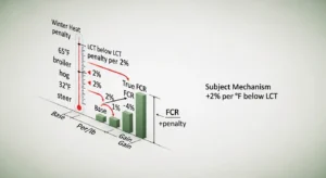 Feed conversion ratio calculator diagram explaining 2% winter heat penalty per degree below LCT