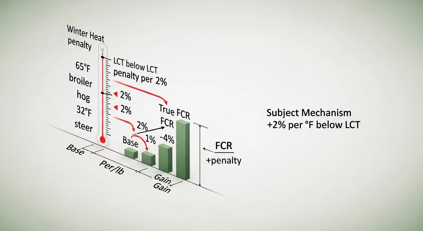 Feed conversion ratio calculator diagram explaining 2% winter heat penalty per degree below LCT