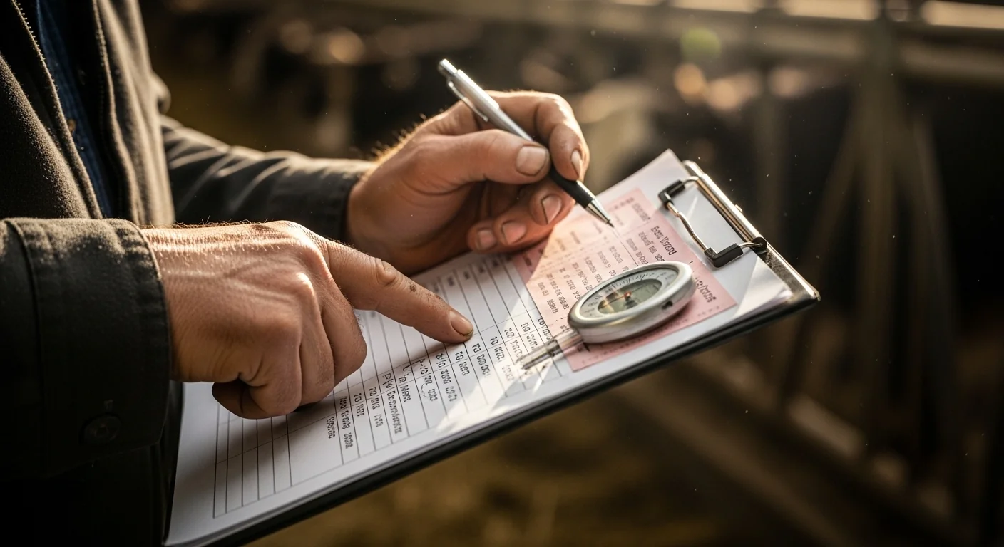 Farmer using feed conversion ratio calculator results to review cold penalty and plan livestock management