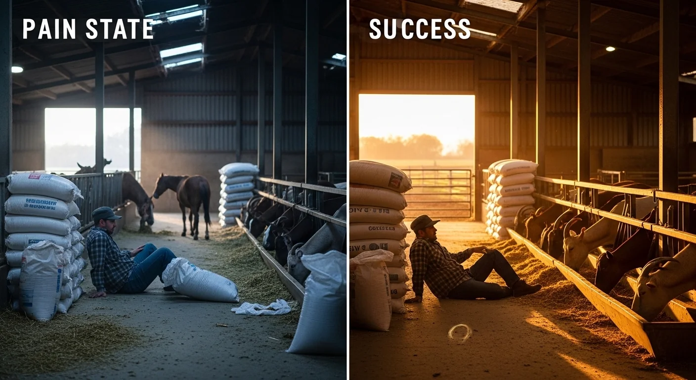 Animal Feed Cost Calculator showing before and after of livestock feed budgeting stress versus confident monthly planning