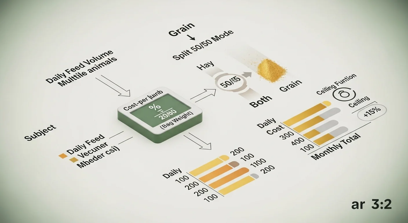 Animal Feed Cost Calculator secret sauce diagram illustrating hay vs grain split and bag calculation logic