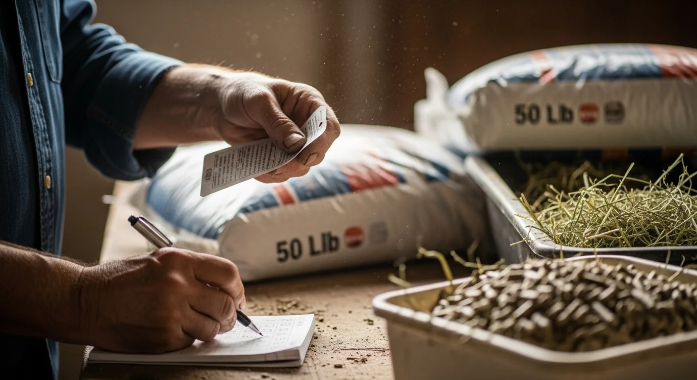 Animal Feed Cost Calculator in action with hands noting exact monthly bag orders for livestock feed