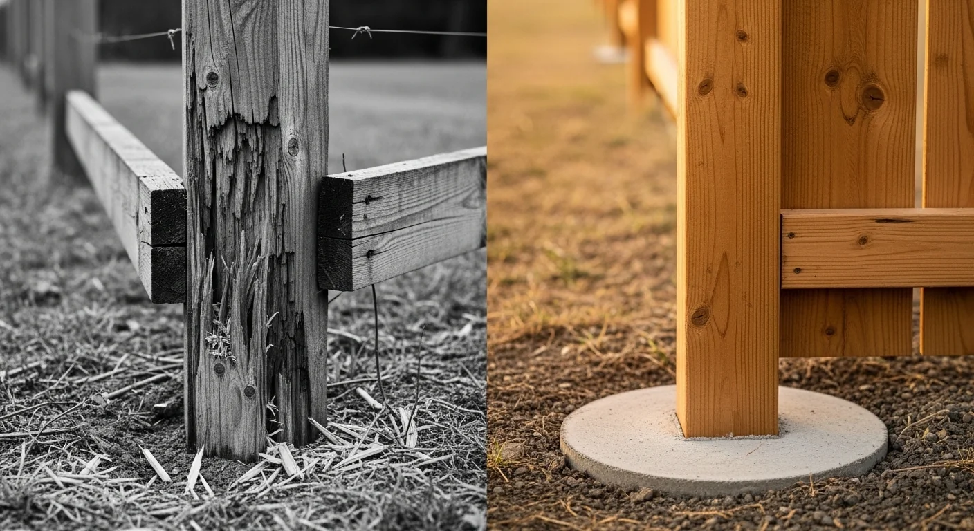 Split screen showing a snapped fence post versus a properly secured post in concrete.